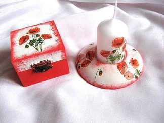 Flori de maci pe fond alb cu rosu, set cutie si suport lumanare 24070