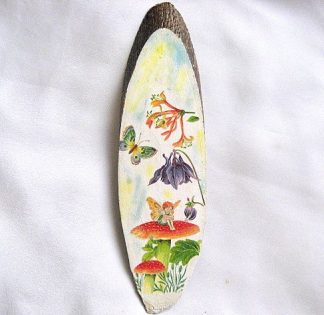 Spiridus pe ciuperca, fluture si flori, tablou pe lemn handmade 28555