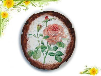 Tablou pe lemn natur cu model de trandafir inflorit si alti 2 imbobociti 5724