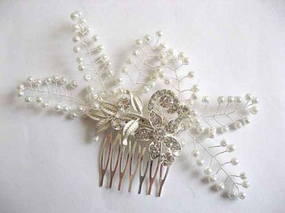 Pieptan flori strasuri si perle sticla, pieptan mireasa model 25498