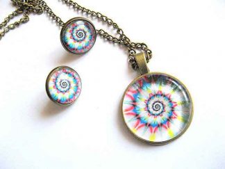 Bijuterii sticla si bronz design spirala multicolora, pandantiv si cercei 29151