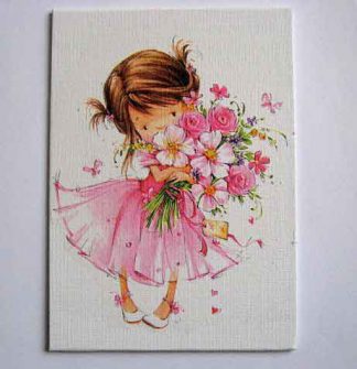 Fetita cu rochie roz si cu un buchet de flori, tablou panza camera copii 28077