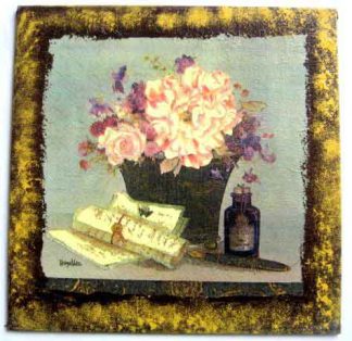 Buchet de flori in vaza, pergamente si o sticla, tablou pe panza 26046