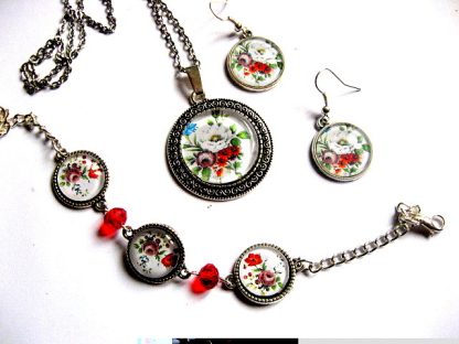 Set bijuterii cu model floral si cristale rosii, set bijuterii femei 29680