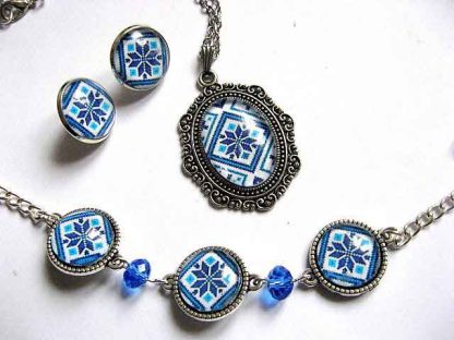 Set bijuterii motive traditionale culori albastru, set bijuterii femei 29678