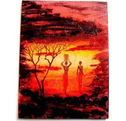 Tablou cu femei din Africa in amurg, tablou pe panza cu nuante rosiatice 29738