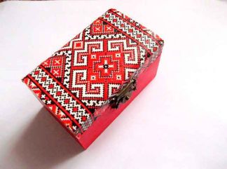 Motiv traditional rosu, gri si negru, cutie de lemn 31992