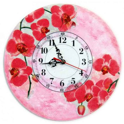 Ceas cu orhidee rosii pe fundal roz si verde, ceas de perete 5718