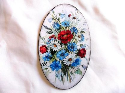 Tablou lemn cu flori albastre, rosii si albe, tablou oval 39630