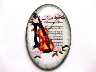 Magnet cu vioara, portativ muzical si flori, tablou oval pe lemn 40415