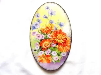 Tablou cu flori mov si portocalii, tablou oval pe lemn 40619