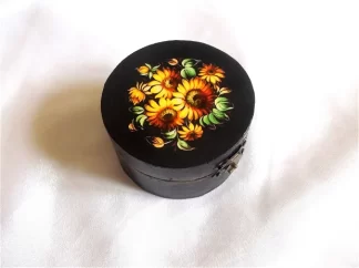 Cutie cu floarea soarelui pe capac, cutie rotunda din lemn 41864