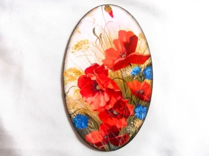 Tablou cu flori de maci rosii si cu albastrele, tablou oval pe lemn 41792