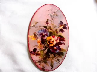 Tablou cu petunii galbene si violet, tablou oval cu model floral 41787